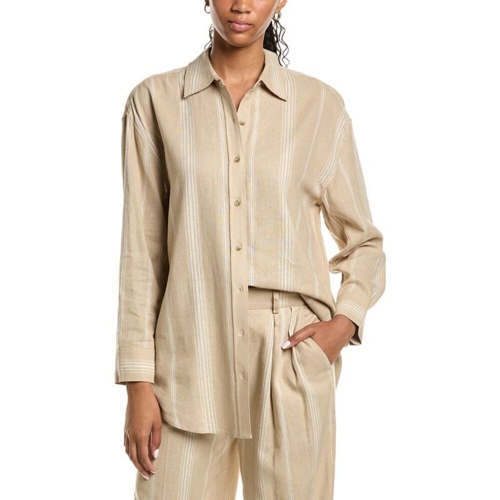 Kenneth Cole Womens Drop Shoulder Linen-Blend Boyfriend Shirt, Brown
